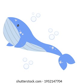 Big blue whale isolated on white background. Vector flat illustration on the theme of sea animals.