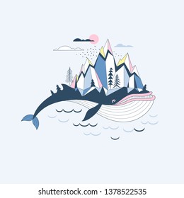 Big Blue Whale with Mountains on back. Arctic simple linear Magic landscape. Water and mountains nordic view vector illustration. Antarctic nature isolated clip-art. Into the wild themed print