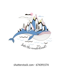 Big Blue Whale with Mountains on back. Arctic simple linear Magic landscape. Water and mountains Nordic view vector illustration. Antarctic nature isolated clip-art. Into the wild themed print. Wander