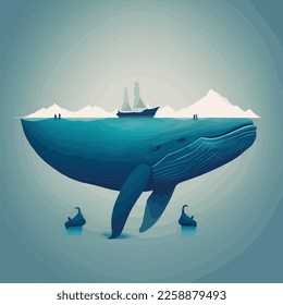 Big blue whale on sea flat illustration