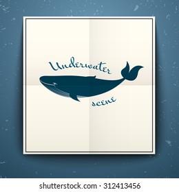 Big blue whale poster folded in half on the old background with cracks, vector illustration