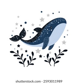 Big Blue Whale Shark Animal Cartoon Character Swimming with Floral Decoration