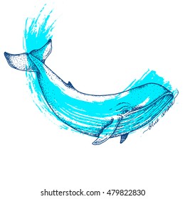 Big blue whale - vector hand drawn abstract illustration. Huge swimming aquatic mammal ink sketch with paint on background