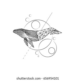 Big blue whale - vector hand drawn illustration. Huge swimming aquatic mammal ink sketch. whale half POLYGONAL GEOMETRIC