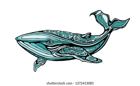 A big blue whale, vector illustration, hand-drawn using black and turquoise colors. Vector illustration.