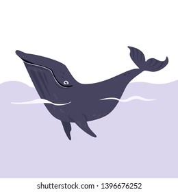 big blue whale in the water. cartoon whale. vector image isolated on white background