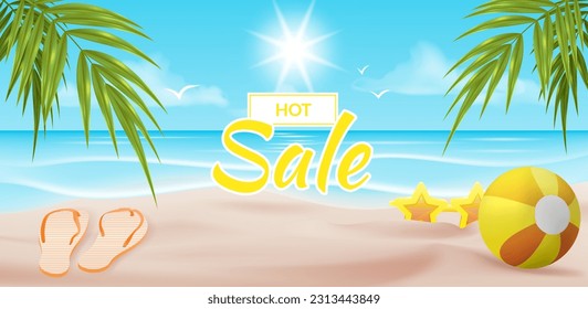 Big blue and yellow sale banner with palm leaves, sandals, sunglasses and beach ball for summer sale promotion, advertising discounts and offers in holiday for online shop. Tropic beachscape