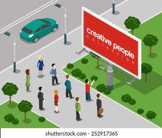 Big board in the city flat 3d web isometric infographic concept vector. Empty background advertising copy space, place your ads, product, logo. Creative people collection.