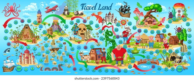 Big board game for children of fairy tales. Kids board game with characters from fairy tales, animals, insects, mushrooms and fairy homes. Step board game with numbered snake path.