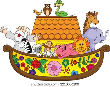 big boat filled with animals and old man cartoon vector illustration