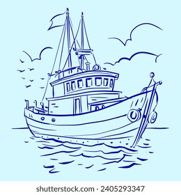 Big boat in the sea vector for illustration, card, decoration