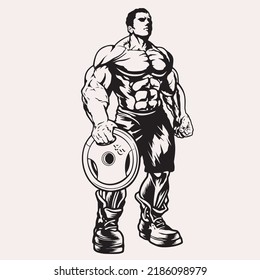 big bodybuilder with huge muscles in boots with barbell disc in his hands, vector image