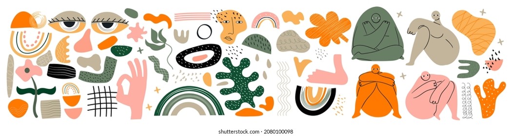 Big boho set vector in hand drawn style. Different spots, shapes. Hand, leaves, doodle elements are shown. Strange creatures vector set in boho, geometric style