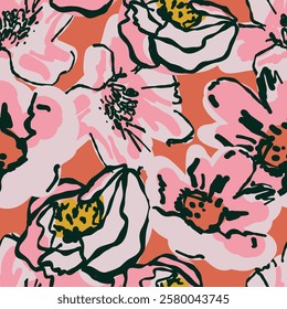 big bold pink orange peony flowers black ink vector seamless repeat pattern