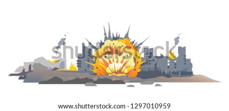 Big bomb explosion with shrapnel and fireball in city, destroyed buildings ruins and concrete, war destruction concept illustration isolated on white background