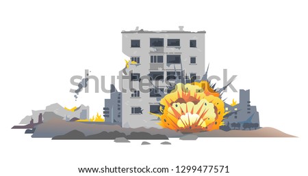 Big bomb explosion with shrapnel and fireball in city near the building, destroyed buildings ruins and concrete, war destruction concept illustration isolated on white background