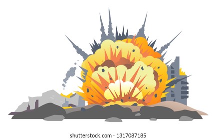 Big bombs explosion with shrapnel and fireball in city, destroyed buildings ruins and concrete, war destruction concept illustration isolated on white background