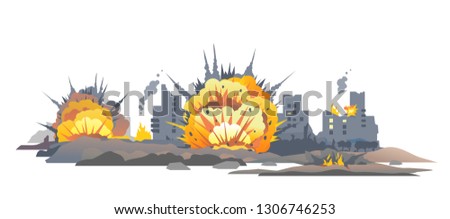 Big bombs explosion with shrapnel and fireball in city, destroyed buildings ruins and concrete, war destruction concept illustration isolated on white background