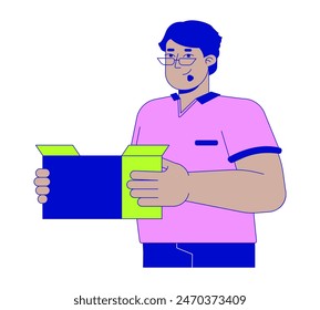 Gran hombre árabe deshuesado con la caja 2D lineal personaje de dibujos animados. Feliz paquete masculino del medio oriente que sostiene la persona aislada de la línea del Vector de fondo blanco. Ilustración de punto plano de color