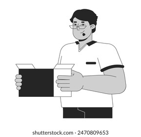 Gran hombre árabe deshuesado con la caja blanco y negro 2D línea personaje de dibujos animados. Paquete masculino de la celebración del Oriente Medio persona aislada del contorno del Vector. Ilustración de punto plano monocromático de colección de cosas