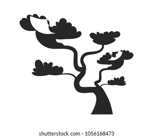 Big bonsai tree with curved trunk black silhouette. Old bonsai tree grown at oriental countries dark shadow isolated cartoon flat vector illustration.