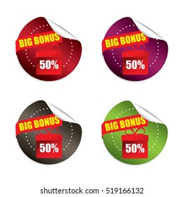 Big bonus 50% sticker, button, label and sign set - vector