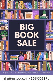 Big book sale, ad poster design. Advertising card, banner for store, shop, market, library, literature fair and festival. Reading and education, promotion template. Flat vector illustration