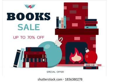 Big book sale. Vector illustration of a stack of books and a Cozy fireplace with books on the shelf. Banner for new year s sale, black Friday, or Christmas discounts. Flat design. Bright advertising