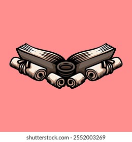 big book and scrolls isolated drawing line art style sketch classic vintage design illustration