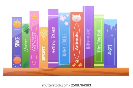 Gran estante de libro con colección de literatura infantil. Ilustración vectorial