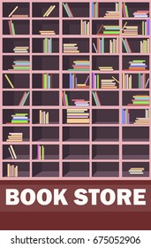 Big book Store promotion poster. Wooden bookcase half full of pile of interesting books with colorful covers vector illustration.