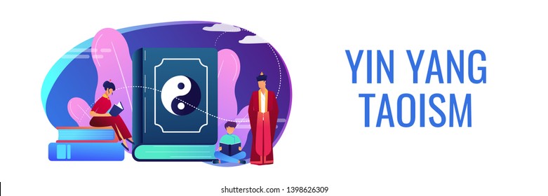 Big book with yin-yang and taoism family reading, tiny people. Yin yang Taoism, Daoism and Confucianism, Taoism Chinese philosophy concept. Header or footer banner template with copy space.