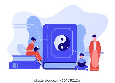 Big book with yin-yang and taoism family reading, tiny people. Yin yang Taoism, Daoism and Confucianism, Taoism Chinese philosophy concept. Pinkish coral bluevector isolated illustration