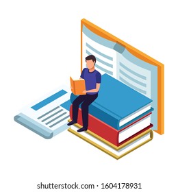 big books and man reading over white background, vector illustration