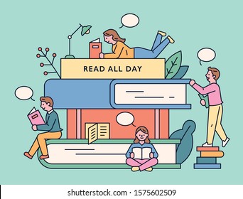 Big books are piled up, and small people are reading books around them. flat design style minimal vector illustration.