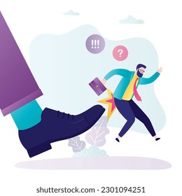 Big boot kicked worker man from job. Male employee layoff, out of work. Dismissal of staff. Staff reduction, fired manager. Economic and financial crisis, recession, unemployment. vector illustration