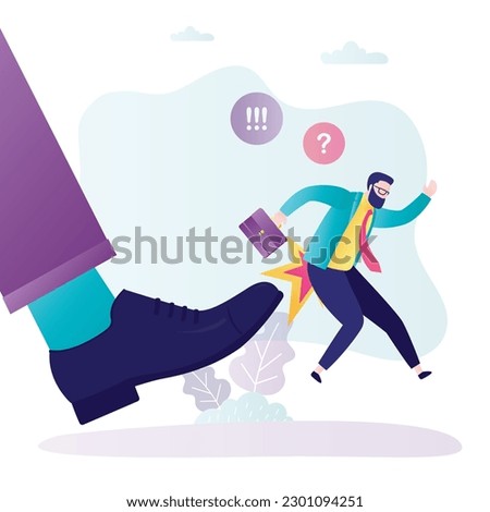 Big boot kicked worker man from job. Male employee layoff, out of work. Dismissal of staff. Staff reduction, fired manager. Economic and financial crisis, recession, unemployment. vector illustration