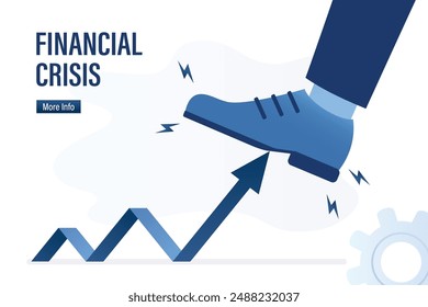 Big boot is pressing on rising chart. Financial crisis, Rising interest rates hinder growth of the stock market. Economic problems, central bank regulates market. Flat vector illustration