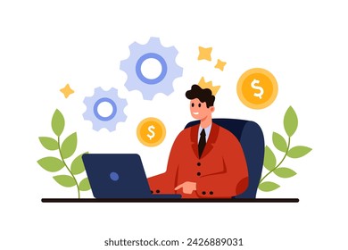 Gran jefe, comportamiento arrogante de empresario, empleador o director corporativo exitoso y seguro. Retrato de hombre pequeño en corona de oro del rey sentado en la mesa con la ilustración vectorial de dibujos animados portátil