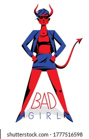Big boss bossy girl with horns like demon or devil stands confident serious and angry vector illustration, bad boss despot and tyrant concept, bad queen strong and independent woman.