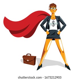 Big boss business woman stands confident serious like superhero vector illustration, girl in business super hero power and strength, female manager to success.