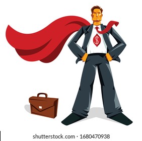 L'homme d'affaires grand patron se tient confiant et sérieux comme une illustration vectorielle super-héros, un homme d'affaires puissant, un succès capitaliste manager.