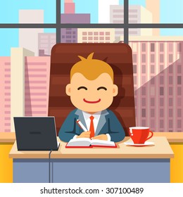 Big Boss CEO Sitting At The Desk With Laptop And Coffee Cup In Big Directors Chair Writing In Notebook. Flat Style Cartoon Vector Illustration Isolated On White Background.