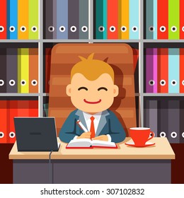 Big Boss CEO Sitting At The Desk With Laptop And Coffee Cup In Big Directors Chair Writing In Notebook In Front Of Shelf With Colourful Document File Folders. Flat Style Cartoon Vector Illustration.