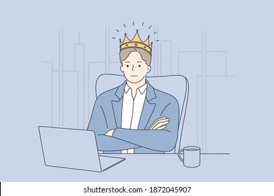 Big boss, confident businessman, director concept. Young businessman ceo in golden crown head sitting in office at laptop and feeling successful employer illustration 