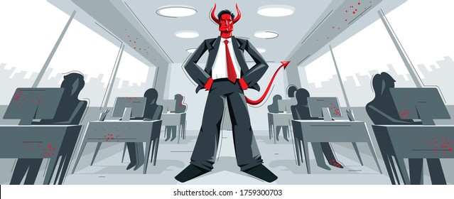 Big boss director with horns like demon or devil stands in center of office with employees confident serious and angry vector illustration, bad boss despot and tyrant concept, manager in control.