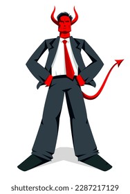Big boss director with horns like demon or devil stands confident serious and angry vector illustration, bad boss despot and tyrant concept, manager in autocratic control.