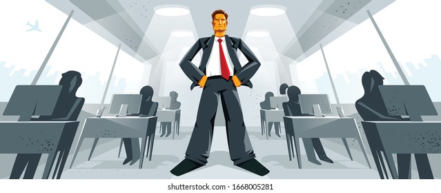 Big Boss Director Stands In Center Of Office With Employees Confident Serious And Angry Vector Illustration, Bad Boss Despot And Tyrant Concept, Manager In Control Of Work Process.