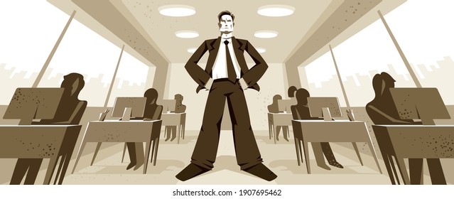 Big Boss Director Stands In Center Of Office With Employees Confident Serious And Angry Vector Illustration, Bad Boss Despot And Tyrant Concept, Manager In Control Of Work Process.