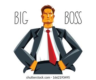 Big boss director stands confident serious and angry vector illustration, bad boss despot and tyrant concept, manager in control of work process.